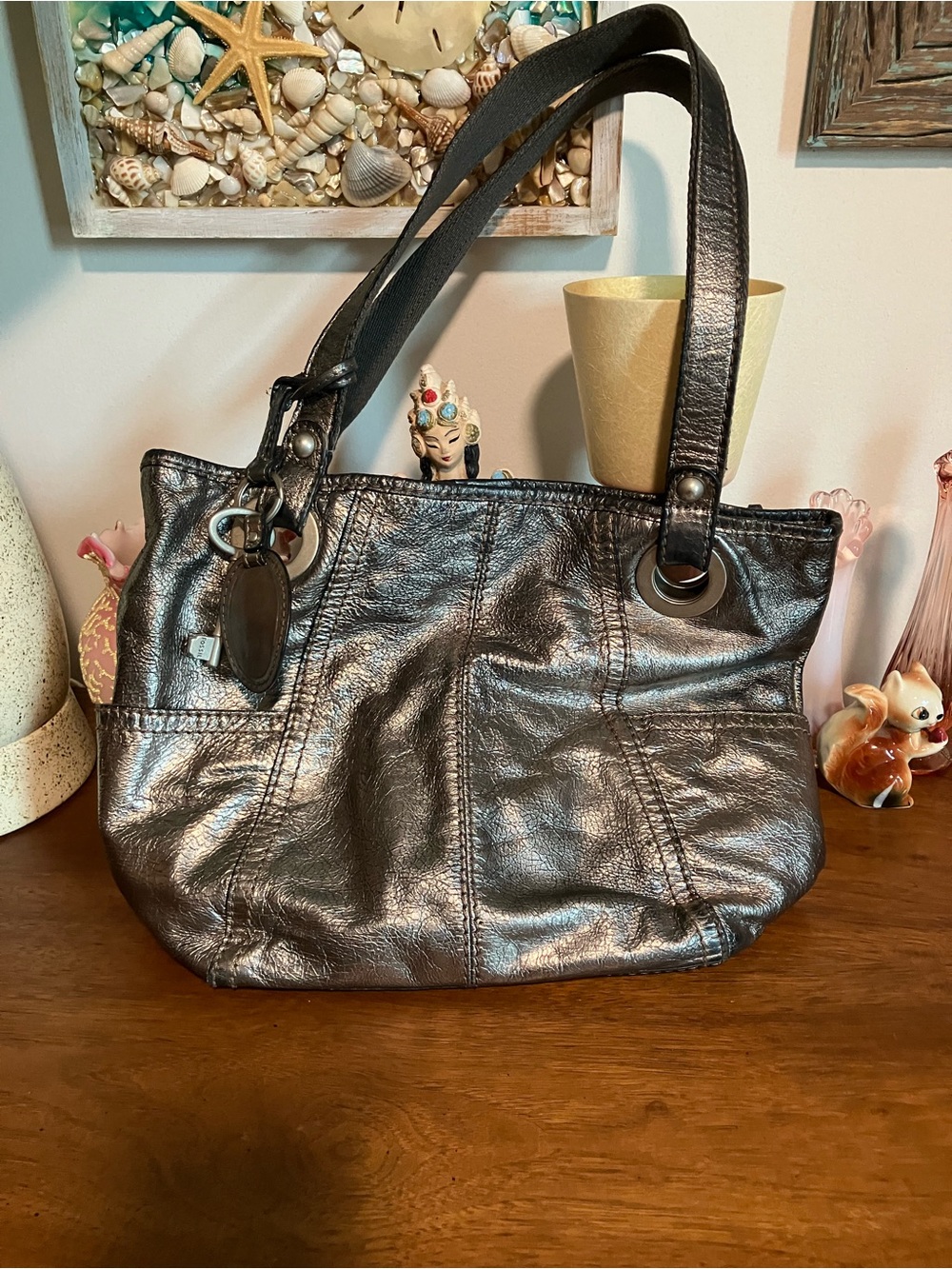 Fossil Silver Metallic Leather Hathaway Double Handle Purse